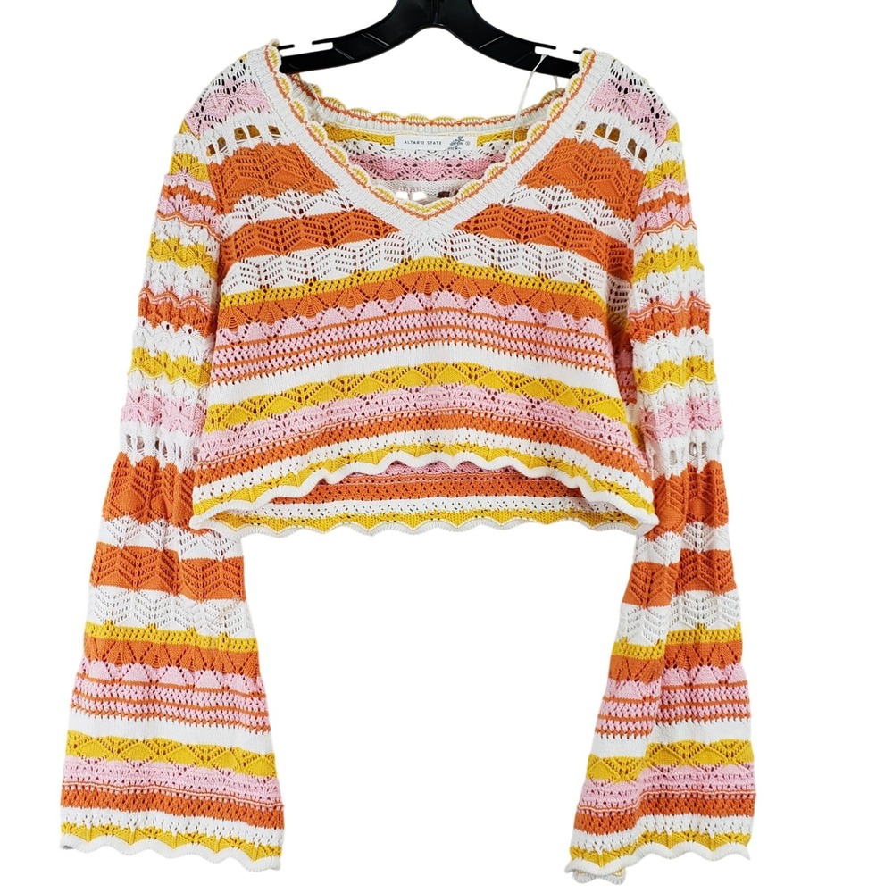 Altar'd State Cropped Sweater Women S Multicolor Boho Bell Sleeve Striped